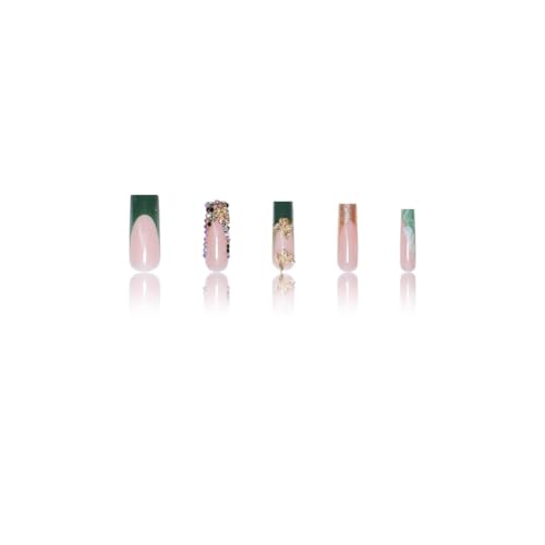 Nails Press on, Long Square Press on Nails Green French Tip Fake Nails with Glod Butterfly Charm Diamond Sparkling Design, Acrylic Artificial False Nails Press Ons Stick On Nails for Women