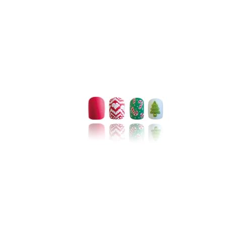 Christmas Press on Nails Square Short Fake Nails Red Green False Nails with Christmas Tree Crutch Designs Glue on Nails Xmas Acrylic Nails Press ons Full Cover Stick on Nails for Women Manicure 24Pcs