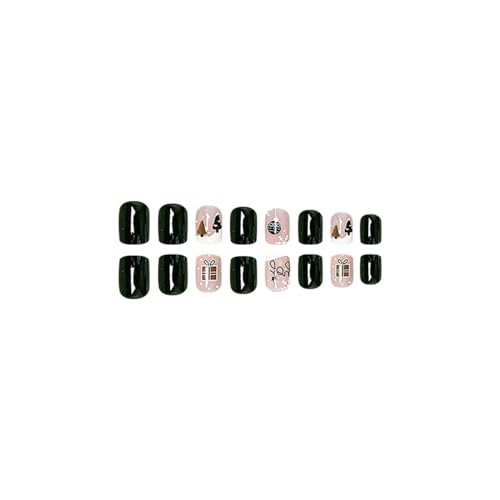 24 Pcs YEFIUO Christmas Green Press on Nails Short Square Xmas Cute Pink Fake Nails Press ons Nail Art Tip Full Cover Acrylic False Nails Glue on Nails Stick on Nail with Christmas Tree Lantern Design