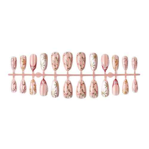 24Pcs Christmas Almond Press on Nails Medium Fake Nails with Gingerbread Doll Snowflake Cane Pearl Design Bow French Tip False Nails Xmas Almond Nails Press ons Artificial Glue on Nail for Women