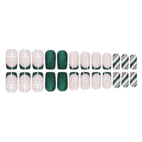Christmas Green French Tip Press on Nails Square Medium Snowflake Fake Nails Winter Nude Pink False Nails Full Cover Reusable Acrylic Artificial Christmas Stick on Nail for Women 24 Pcs