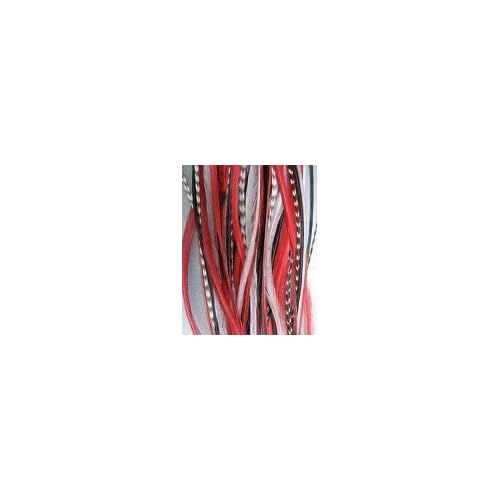 5 Red,black,white & Grizzly Remix 8"-11" Feathers Bonded Together At the Tip to Make One Extension