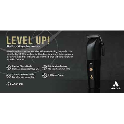 Andis Envy II Cordless Clipper, Professional Lithium-ion Electric Beard & Hair Clipper, Phaze Blade, Cordless, Black