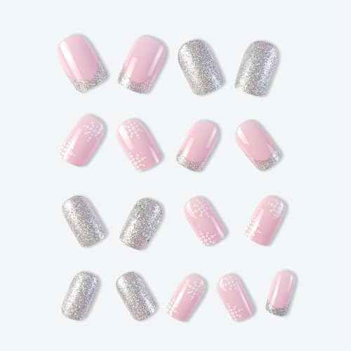 24 Pcs Christmas False Nails Square Snowflake Press on Nails Xmas Square Red Fake nails Acrylic Full Cover Stick on Nails for Women and Girls (M)