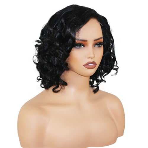 12 Inch Curly Wave Human Hair Wig - Bye Bye Knots Glueless Wig with Pre-Cut Swiss Lace & Pre-Bleached Knots - 100% Brazilian Remy Human Hair Side Part Lace Front Wig, Natural Color