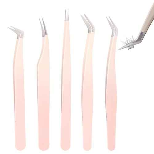 5 Pcs Lash Extension Tweezers, Lash Tweezers for Eyelash Extension, Straight and Curved Eyelash Tweezers, For Professional Eyelash Extension Artists, Girls, Women, Beginners