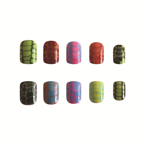 IMRAIN Short Press on Nails Square Colorful Fake Nails with Crocodile-Print Designs Glossy Full Cover Squoval Artificial Nails for Women 24Pcs Y2K Acrylic Nail Kit