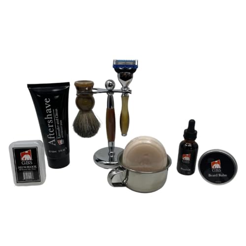 G.B.S Men¡¯s Complete Shaving Set, Brush Razor Holder, Beard Oil Beard Balm, Shaving Soap, Aftershave Pure Badger Shave Brush and Manual Razor with Horn Handle