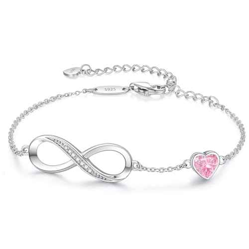 CDE Infinity Heart Birthstone Charm Link Bracelet for Women 925 Sterling Silver Adjustable Mother's Day Gift Anniversary Birthday Jewelry for Wife Girlfriend Her