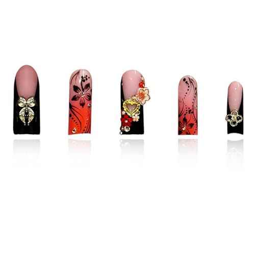 24Pcs Red French Tip Fake Nails Long Square Press on Nails pink Full Cover Glue on Nails with 3D Flower and Rhinestones Designs False Nails Gold Metallic Heart Acrylic Nails for Women