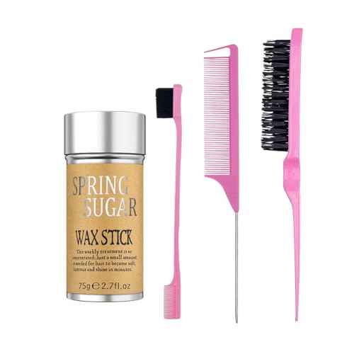4 Packs Set Hair Wax Stick Slick Back Hair Edge Brush Pink Comb Wax Stick for Hair Flyaways, Styling Products Essentials Stuff for Women, Kids and Clean Girl