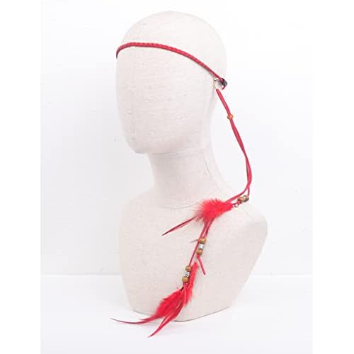 Jumwrit Boho Feather Headband Indian Hippie Gypsy Headpiece Feather Tassel Headdress Adjustable Hemp Rope Beaded Hairband Hair Accessories for Women and Girls Festival Party Decoration(Red)