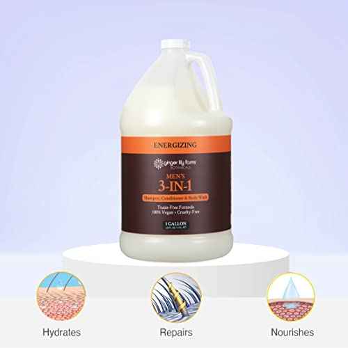 Ginger Lily Farms Botanicals Men's 3-in-1 Shampoo, Conditioner & Body Wash, 100% Vegan & Cruelty-Free, Energizing Scent, 1 Gallon (128 fl oz) Refill
