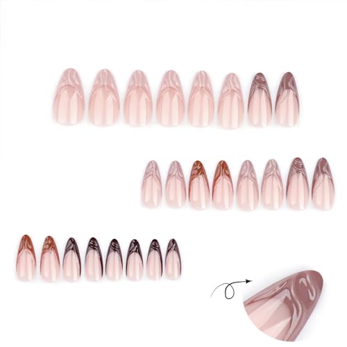 SINHOT Press on Nails Medium Almond Fake Nails Glossy Glue on Nails 3D Brown Chrome Acrylic Nails Stiletto Artificial Nails French Tip Stick on False Nails with Design 24 pcs