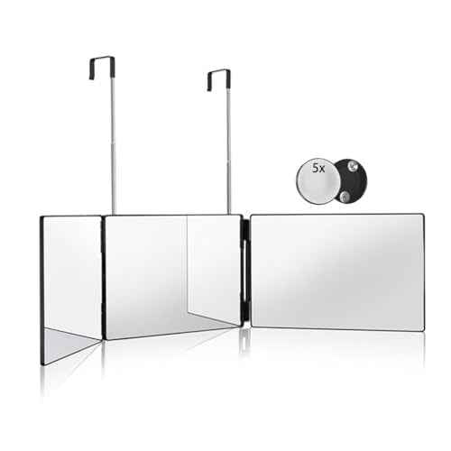 HIEEY 3 Way Mirror for Hair Cutting,360 Trifold Mirror with Height Adjustable Telescoping Hooks,and 5X Magnification,for Makeup, Hair Styling
