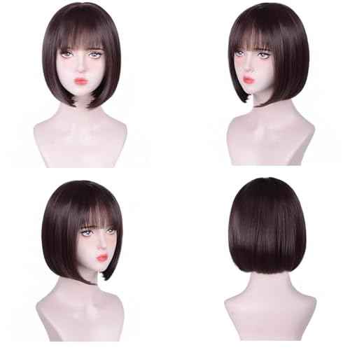 Short Brown Wig With Bangs Straight Bob Wigs for Women Brown Bob Synthetic Wig Super Soft and Easy to Wear Straight Bob Wig Colorful Synthetic Wig for Daily Cosplay Halloween