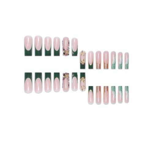 Nails Press on, Long Square Press on Nails Green French Tip Fake Nails with Glod Butterfly Charm Diamond Sparkling Design, Acrylic Artificial False Nails Press Ons Stick On Nails for Women