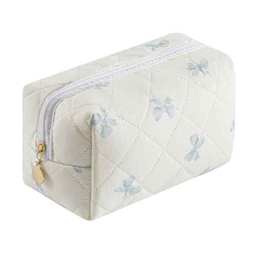Cute Floral Cotton Makeup Bag, Quilted Makeup Bag for Women Girls, Travel Floral Cosmetic Bag Zipper Make Up Pouch, Flowers Toiletry Organizer Bag (Small Blue Bowknot)