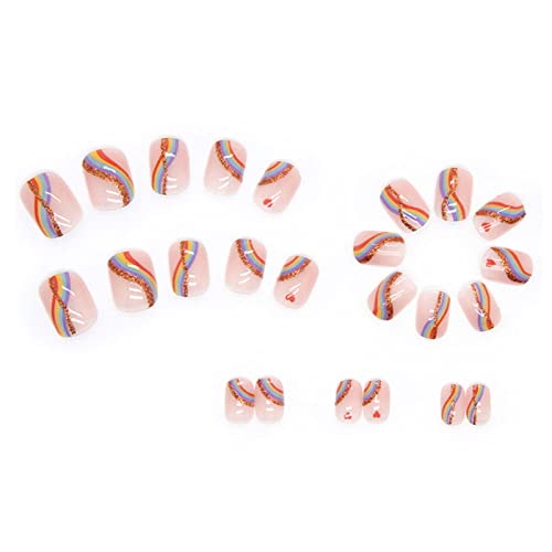 Square Press on Nails Nude Fake Nails Short Acrylic Full Cover Almond False Rainbow Nails for Women and Girls 24PCS