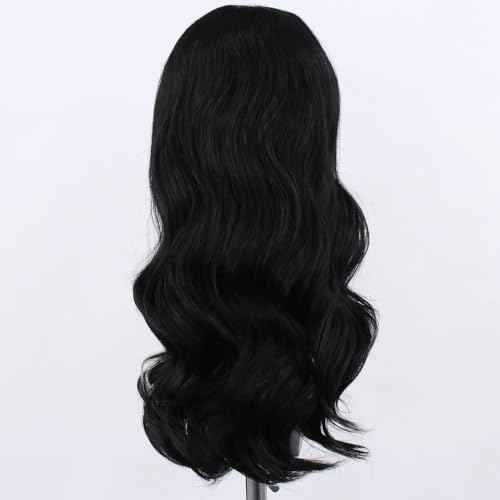 RONGDUOYI RDY Black Mix White Highlight Wig for Women Pure Black with a White Front Streak Lace Front Wigs 26inches Long Body Wave Synthetic Wig with Natural Hairline