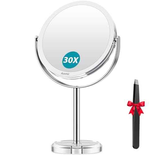 Auxmir 1X/ 30X Magnifying Mirror, Makeup Mirror with Tweezer, 6.8'' Double Sided Round Vanity Tabletop Mirror, 360¡Æ Rotation Portable for Dressing Table Desk Bathroom Bedroom Travel, Clear