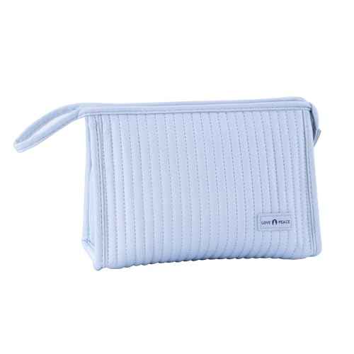 Small Makeup Bag Simple Cosmetic Pouch, Water Resistant PU Striped Leather Portable Travel Toiletry Bag with Handle for Women and Girls (Light Blue)