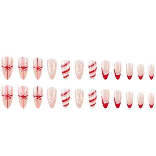 SINSEN Christmas Press on Nails Medium - Almond Fake Nails, Red French Tip False Nails With Designs, Full Cover Snowflake Glue on Nails for Women, 24Pcs (Santa Hat and Bowknot)
