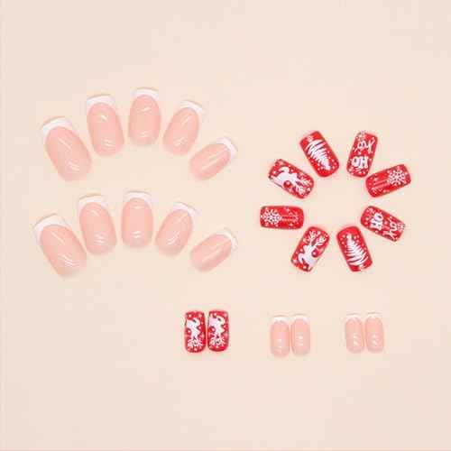 24Pcs Christmas Press-on Nails Medium Square Coffin Shaped White French Tip Nails Tips Full Cover Glue on Nails Xmas Tree Deer Snowflake Design Christmas False Nails