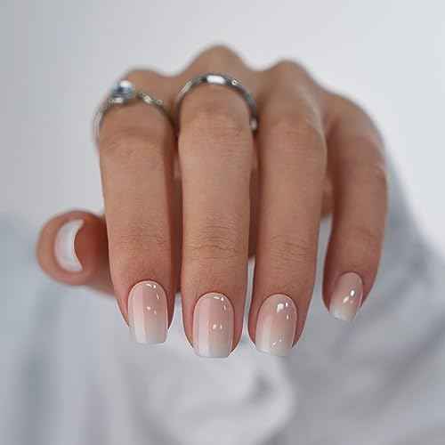 BTArtbox Square Ombre Press On Nails -Soft Gel Press On Nails Short with Nail Glue, 15 Sizes - 30 Reusable Fake Nails Kit, Vanilla Cream