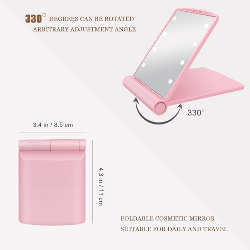 YUNYILAN Compact Makeup Mirror, LED Lighted Makeup Mirror, Handheld & Portable for Travel & On The go (Pink-B)