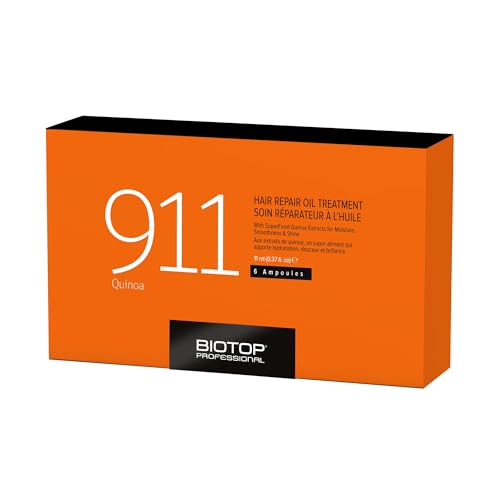 Biotop Professional 911 Quinoa Hair Repair Oil - Heat Protectant + Deep Conditioning Hair Treatment - Hair Care Ampoules for Damage - Combats Frizzy Hair (0.37 fl oz/11 ml each, 6 Count)