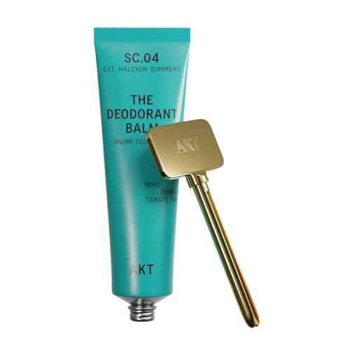 AKT, THE DEODORANT BALM. Award winning, multi-use, natural deodorant. Plastic Free. Gender Free. Aluminium Free. 100% effective ? 1 tube lasts up to 3 months. SC.04 HALCYON SUMMERS. 50ml/1.76 FL.OZ