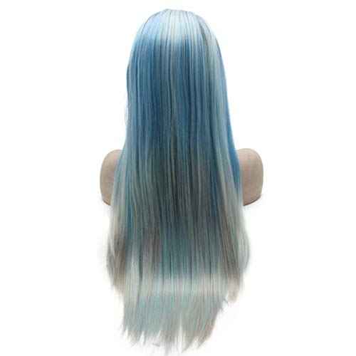 Peakia Long Straight Black Blue Gray Ombre Half Hand Tied Synthetic Lace Front Wig