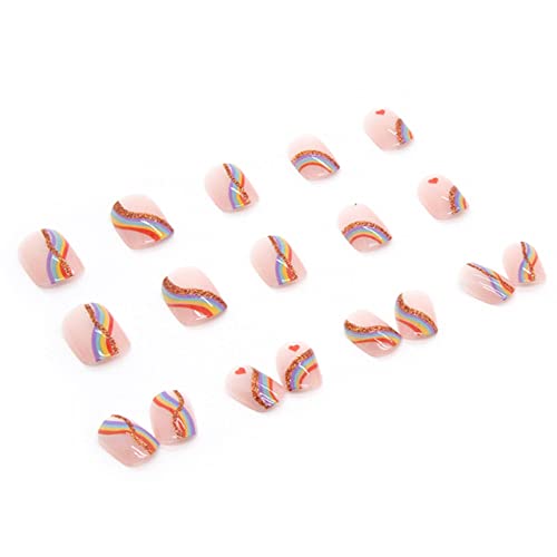 Square Press on Nails Nude Fake Nails Short Acrylic Full Cover Almond False Rainbow Nails for Women and Girls 24PCS