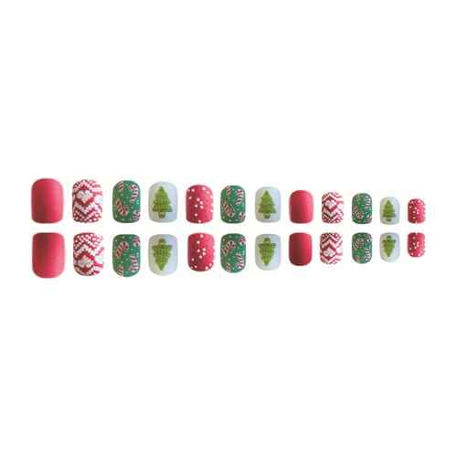 Christmas Press on Nails Square Short Fake Nails Red Green False Nails with Christmas Tree Crutch Designs Glue on Nails Xmas Acrylic Nails Press ons Full Cover Stick on Nails for Women Manicure 24Pcs