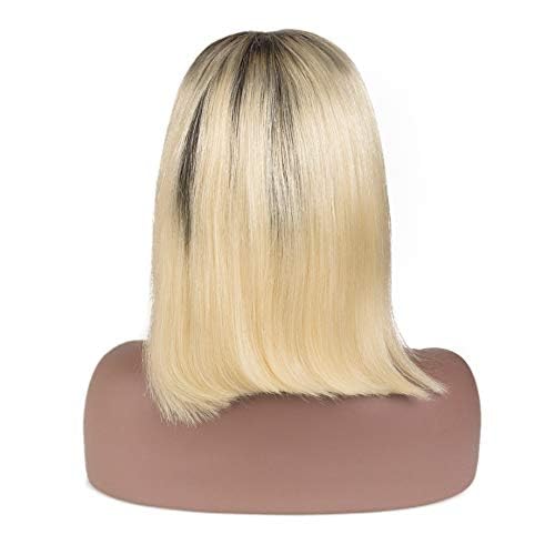 Glueless Ombre Blonde Bob Wigs Real Human Hair, Short Cut Bob Wig Human Hair for Black Women 13x4 HD Frontal Lace Wig 180% Density Dark Roots Pre Plucked Lace Front Wigs 12 Inch Natural Hairline