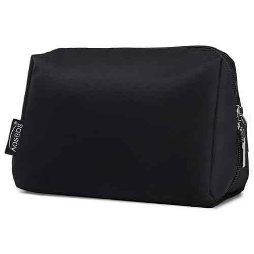 Aosbos Small Travel Makeup Pouch - Cosmetic Bag for Women, Midnight Black