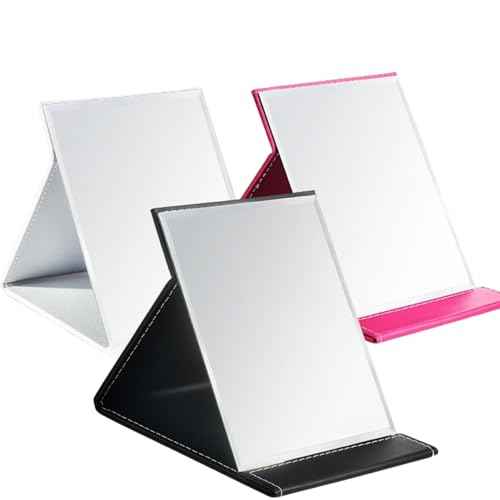 Goaste 3 Pack Portable Folding Makeup Mirror with Stand, 8x6 Inches PU Leather Travel Vanity Mirror, Adjustable Office Tabletop Mirror for Cosmetics Personal Beauty, Assorted Colors