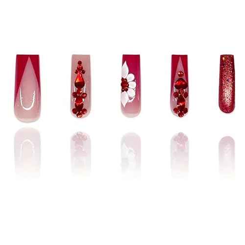 RTKHFZE Red Press on Nails Long Fake Nails Square Extra Long Nails Press ons with Flower And Rhinestones Design Glitter Acrylic Nails Artificial Nails