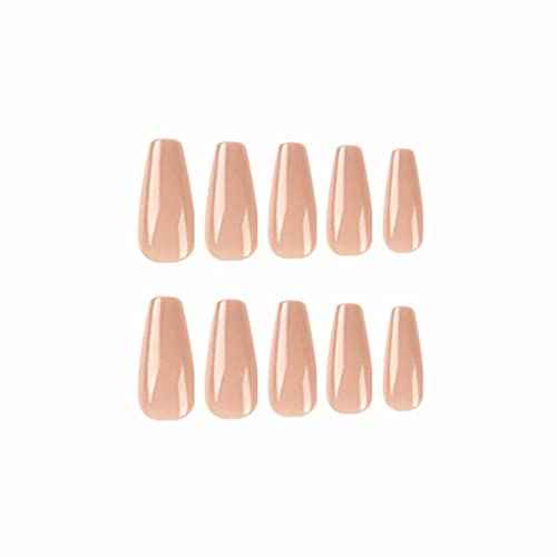 Coffin Press on Nails Nude Long Acrylic Artificial Nails Simple Glossy Fake / False Nails with Glossy Ballerina Nails for Women and Girls,24Pcs