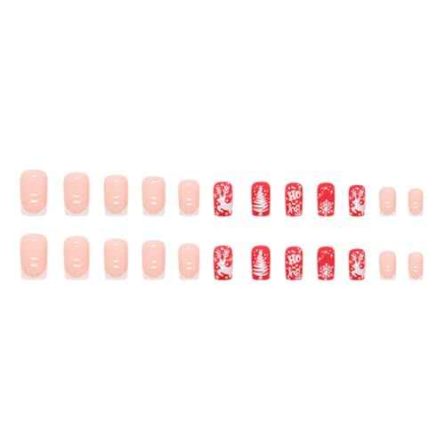 24Pcs Christmas Press-on Nails Medium Square Coffin Shaped White French Tip Nails Tips Full Cover Glue on Nails Xmas Tree Deer Snowflake Design Christmas False Nails