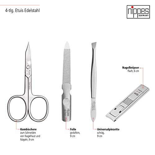 nippes Solingen Premium Line Tabard Manicure Set, 4 Pieces, Black, Stainless Steel, Nickel and Rustproof, Cowhide Nail Case, Nail Care Set, Made in Germany