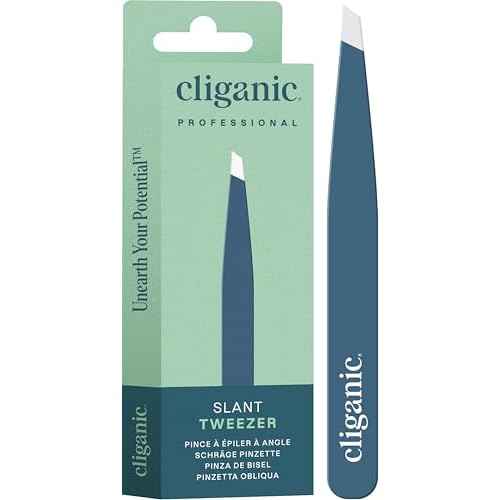Cliganic Professional Eyebrow Tweezers Slant Tip (Blue) - Precision for Men & Women, Stainless Steel Best for Plucking Chin Facial Hair