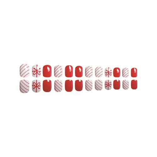 24 Pcs Christmas Press On Nails Short Square - ZIFANHU Cute Red Fake Nails Press Ons Nail Art Tips Full Cover Acrylic Glossy False Nails with Red Line Gift Box Design Glue on Nails for Women Girls