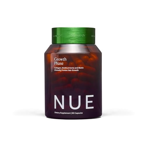 The Nue Co. Growth Phase Supplement, Supports Hair Growth, Reduces Breakage, Thicker & Fuller Hair, Contains Vitamins, Reishsi Mushrooms, Proteins & Adaptogens, Vegan, Gluten Free, 90 Capsules