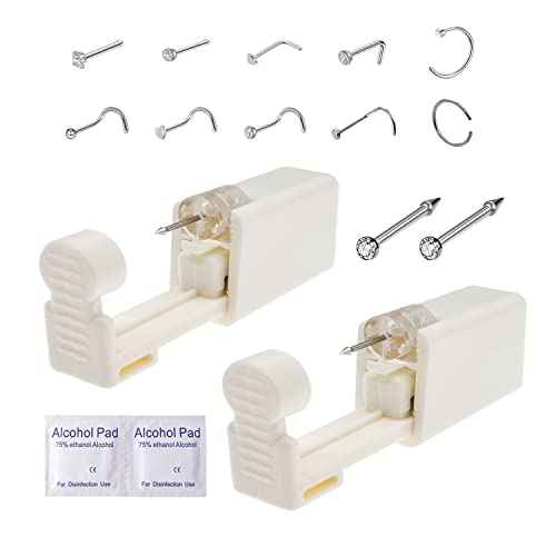 Nose Piercing Kit, 2 Pack Disposable Self Nose Piercing Gun with 10 Pcs Nose Rings