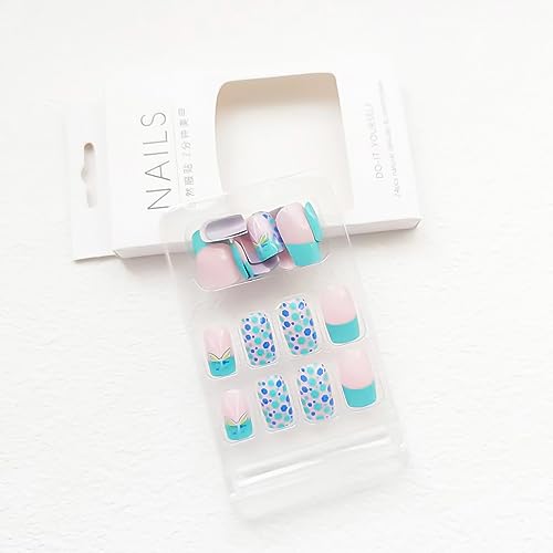24pcs Square Press on Nails - Glossy Glue on Nails, Green French Tip Acrylic Nails with Butterfly Design False Nails for Women's Manicure
