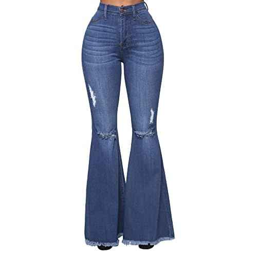 Women's Fashion Bell Bottom Pants High Waist Tassel Stretch Curvy Fit Jeans Blue