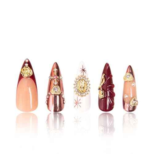 LOVFUL Press on Nails Royal Crimson | Handmade with Full Covered Crystals | Reusable Full Cover Nails | Stiletto Classic Regular 1.3 in | H383-M