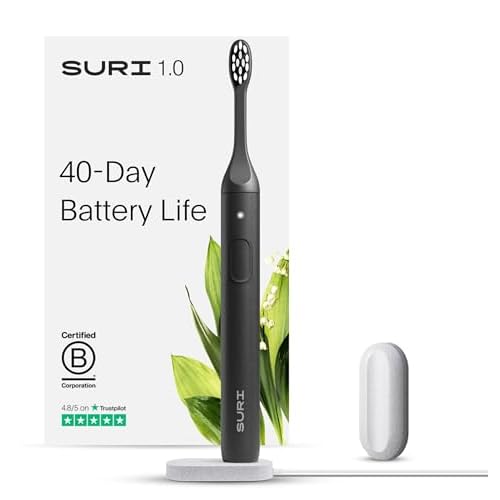 SURI 1.0 Sonic Electric Toothbrush | 1 Month+ Battery | Designed in California | Electric Toothbrush for Adults | Travel Toothbrushes | Tooth Brush | Black